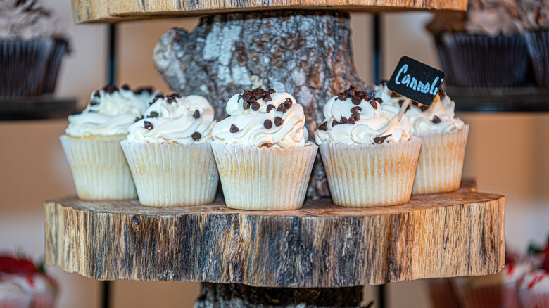 Cannoli cupcakes with white icing and chocolate chips