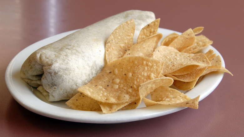 Mission style burrito with tortilla chips