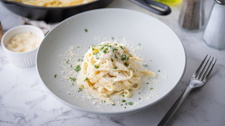 Bowl of fettuccine Alfredo 