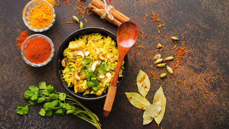 Biryani with spices and herbs