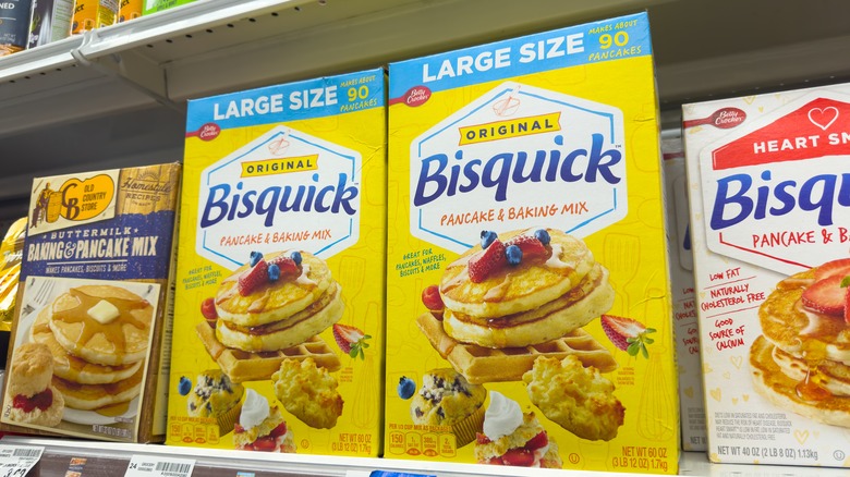 shelf of boxed pancake mix