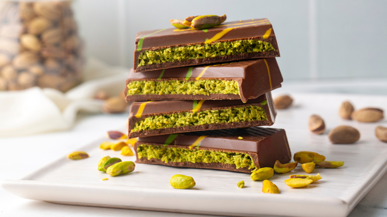 Dubai chocolate bar cut up and stacked