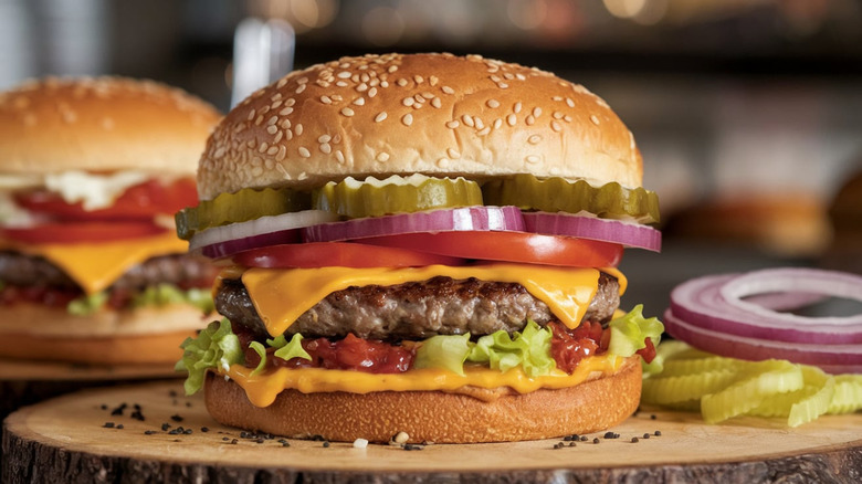 Close-up of a cheeseburger with tomatoes, onions, pickles, lettuce, and tomato