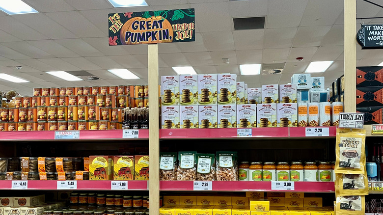 Fall-themed display shelf at Trader Joe's.