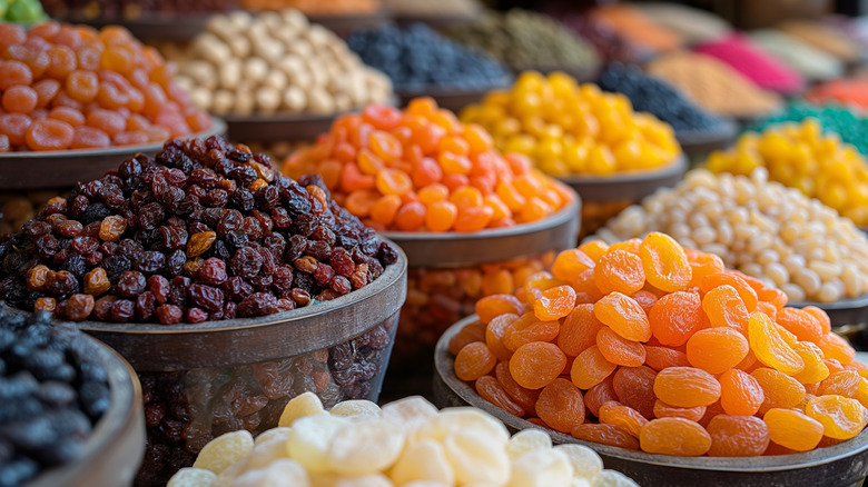 Dried fruits in baskets at a market