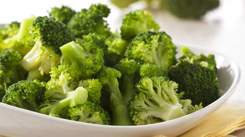 Steamed broccoli florets in a white bowl.
