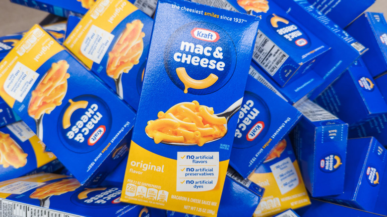A pile of Kraft mac and cheese boxes.