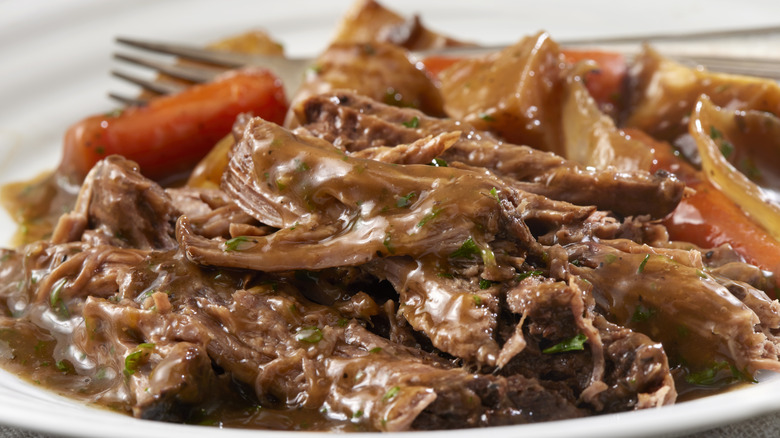 Close-up of tender pot roast and carrots