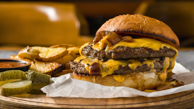 A juicy double cheeseburger.