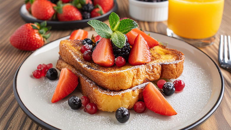 French toast crowned with vibrant strawberries, red currant, blackcurrant, and a fresh mint leaf, dusted delicately with powdered sugar accompanied by a glass of orange juice.