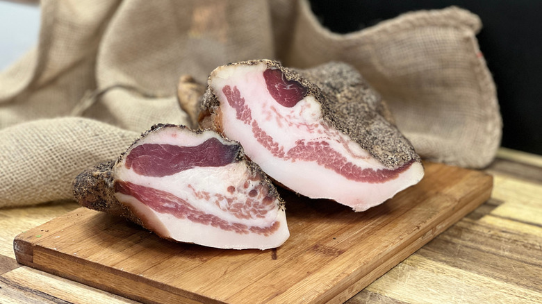 Slabs of raw guanciale.