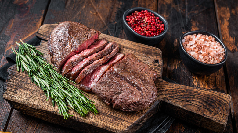 Cooked and sliced flat iron steak.
