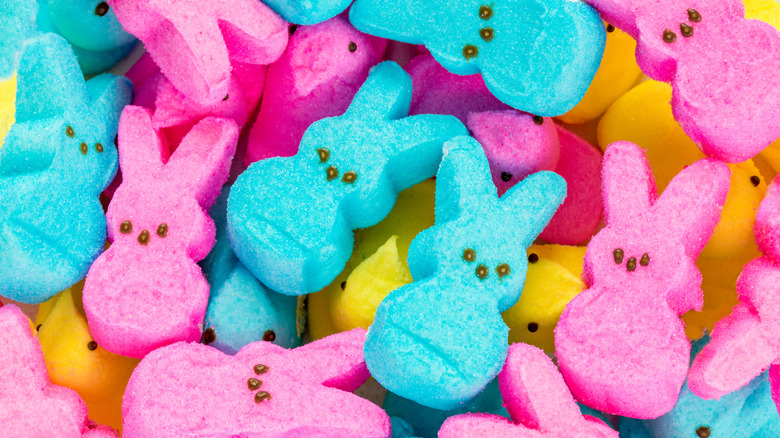 yellow, blue, and pink Peeps bunnies