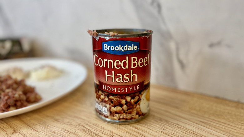 Open can of Brookdale corned beef hash