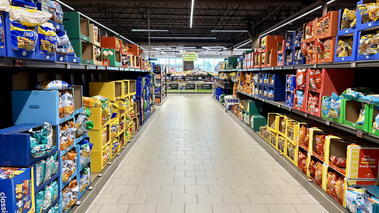 Aldi snack aisle with various products