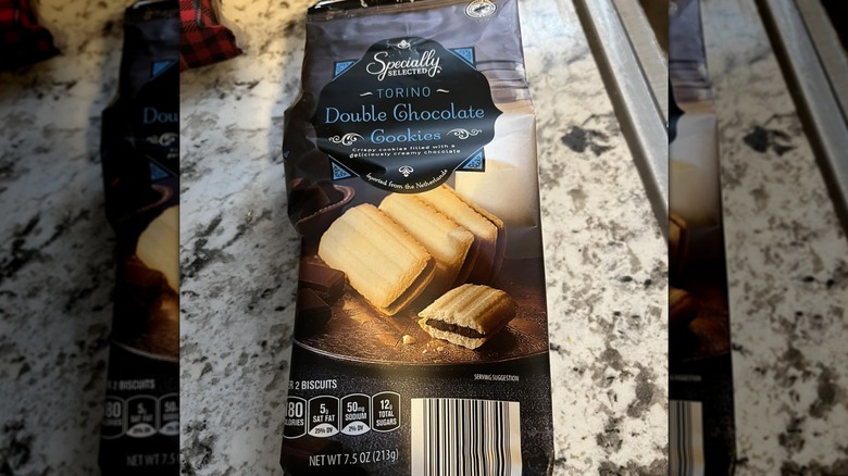 A package of Torino Double Chocolate cookies sits on a counter