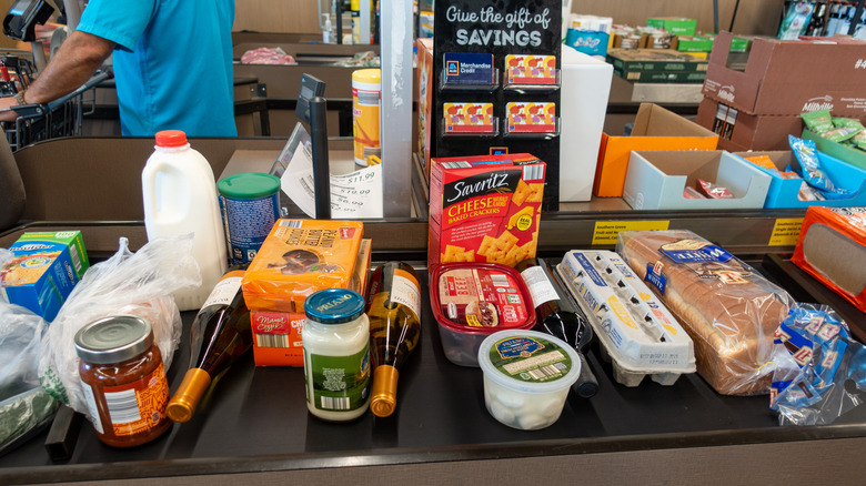 Groceries on a conveyor belt at an Aldi