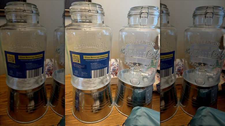 Aldi glass beverage dispensers sit on a kitchen table