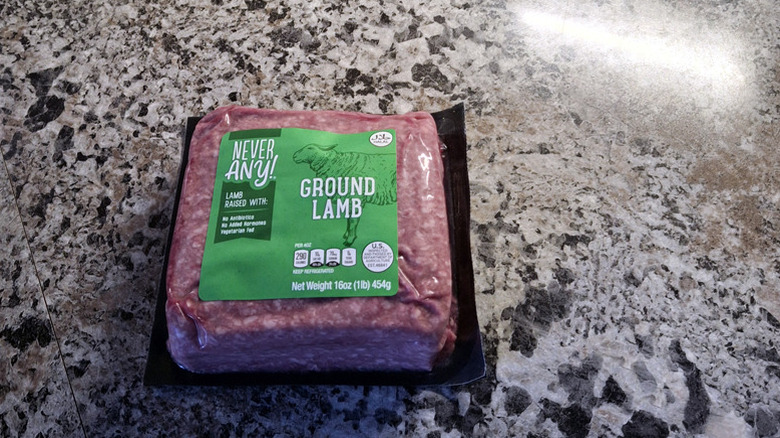 Aldi's Never Any ground lamb rests on a kitchen counter