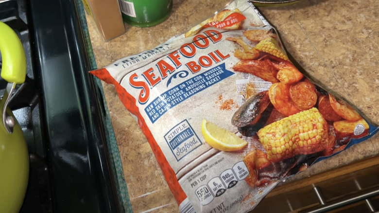 Package of Aldi's Seafood Boil on a kitchen counter