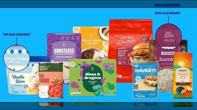 A collection of Aldi private labels including chicken patties, ice cream, and cheese.