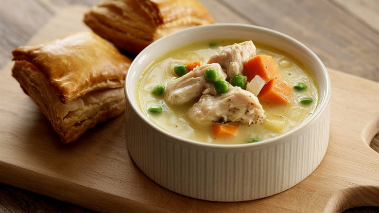 Chicken pot pie soup and puff pastry