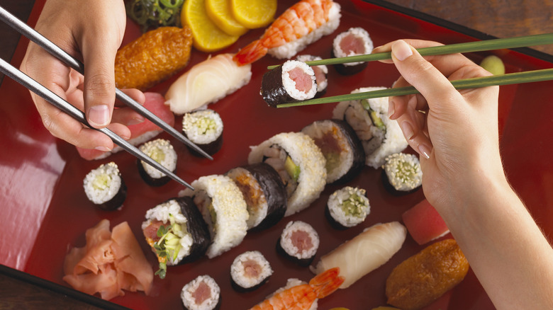 communal platter of assorted sushi