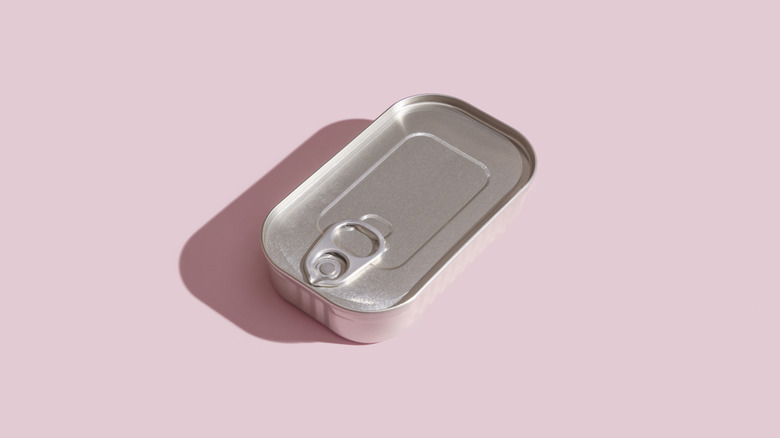 A nondescript closed tab-top can of some tinned food sits against a pink background