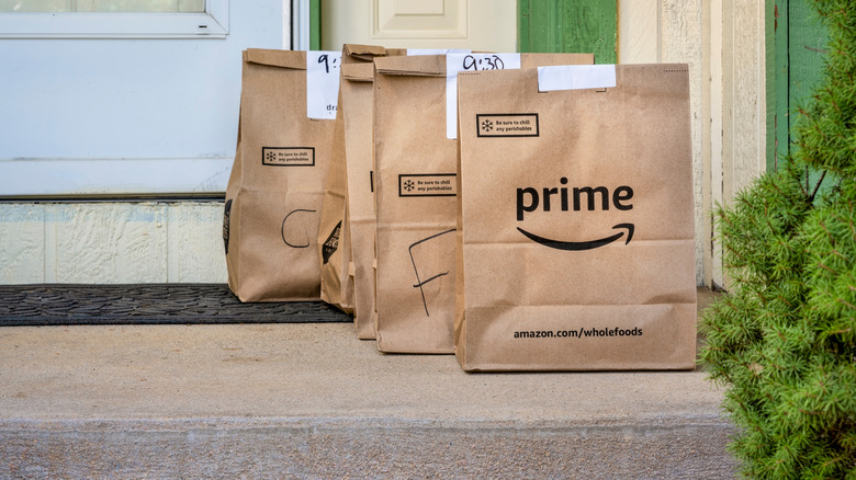 Amazon Prime shopping bags on doorstep