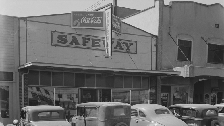 Dated image of a Safeway grocery store
