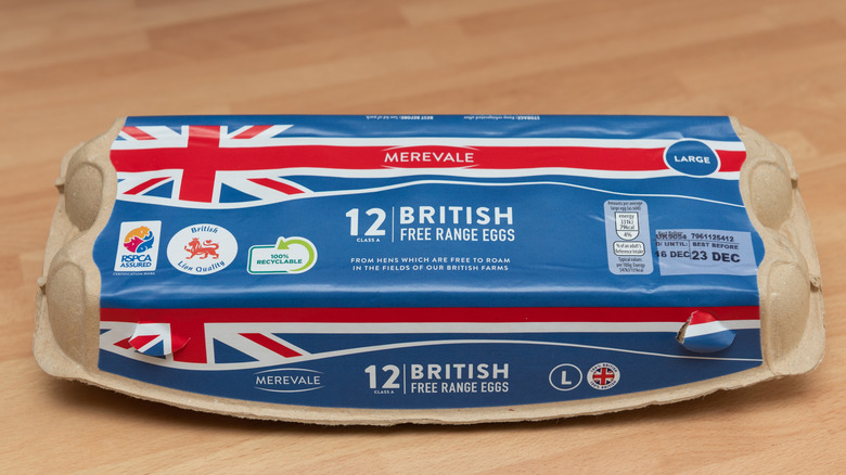 British lion eggs in a carton emblazoned with a British Union Jack