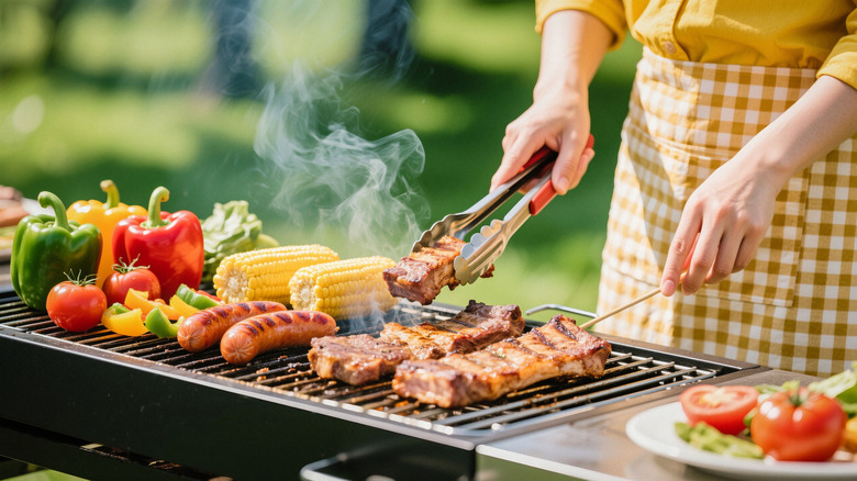 A woman in a a yellow apron pictured from the waist down turning meat and vegetables on a grill.
