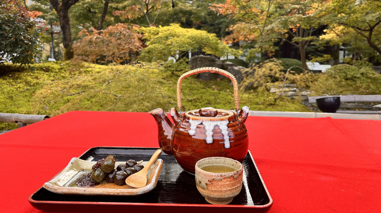 Japanese-style teapot, cup and plate on a tray in a tea garden
