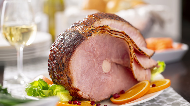 spiral ham with glass of white wine