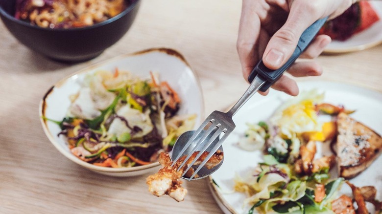 Hands holding a pair of Anytongs lift food from a plate