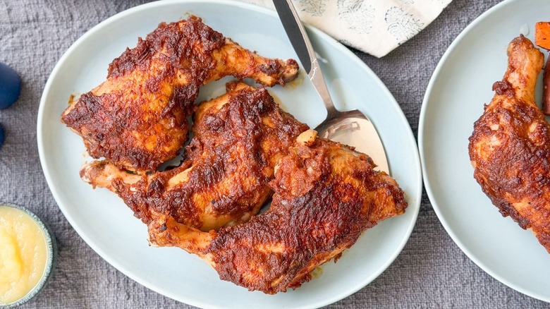 Applesauce barbecue chicken quarters on serving platter