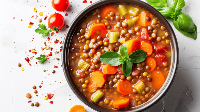 A dark bowl of lentil soup on a white background with seasonings and herbs surrounding it