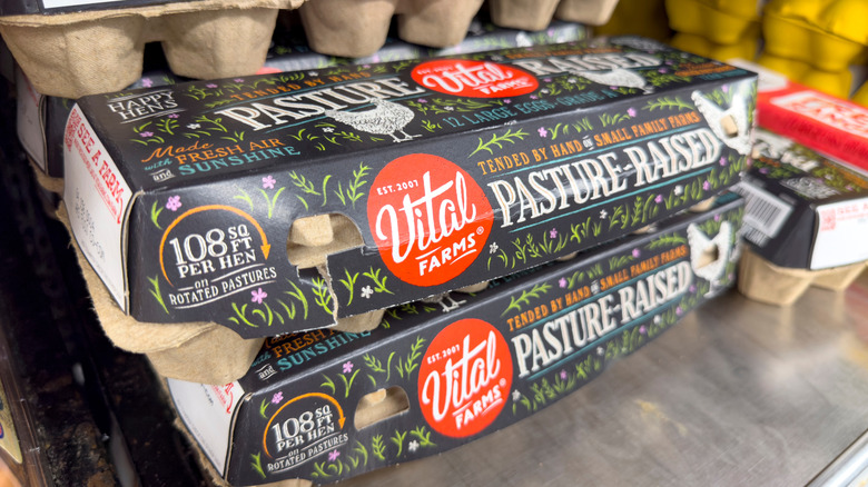 Cartons of Vital Farms pasture-raised eggs at the grocery store