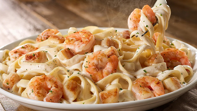 Seafood Alfredo pasta dish from Olive Garden with shrimp and scallops