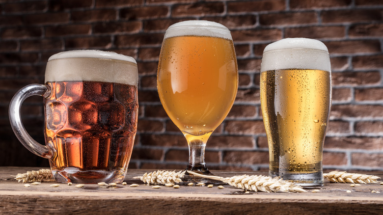 Different kinds of light and dark foaming beer in glasses on table with 