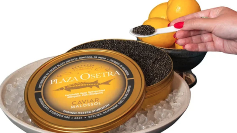 Tin of Costco Plaza Osetra golden caviar with blinis and onions