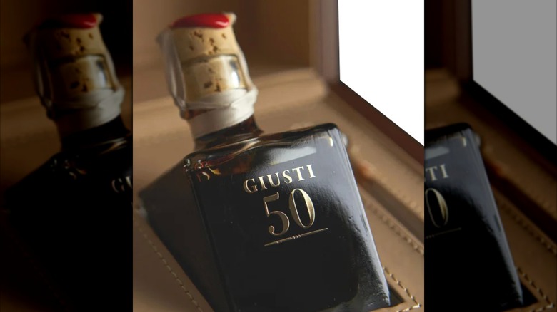 A bottle of Costco Giusti 50-Year Aged Balsamic Vinegar in a gift box