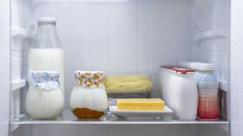 Refrigerator shelf with various fresh dairy products