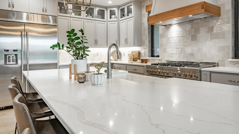 A modern kitchen island with a candle, large plant, and small plant sitting on top