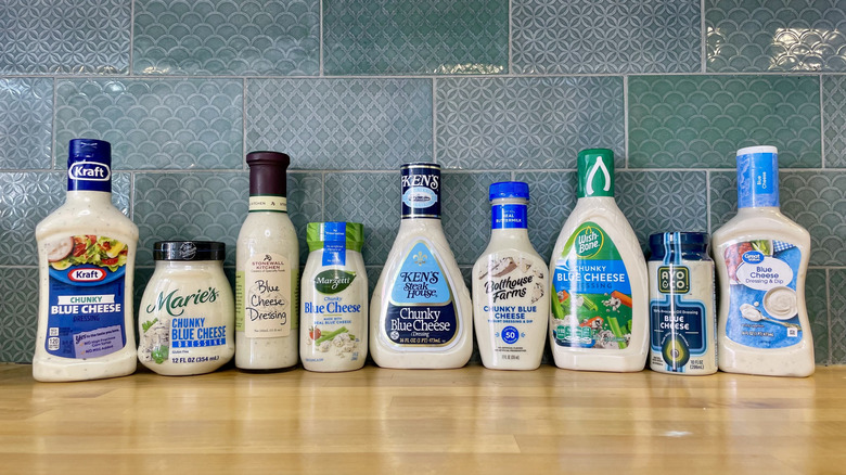 A line of different blue cheese dressing brands.