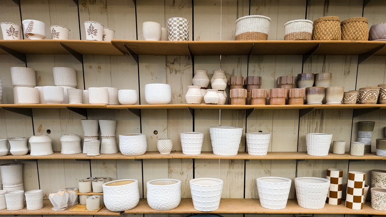 Various planters for sale on shelves