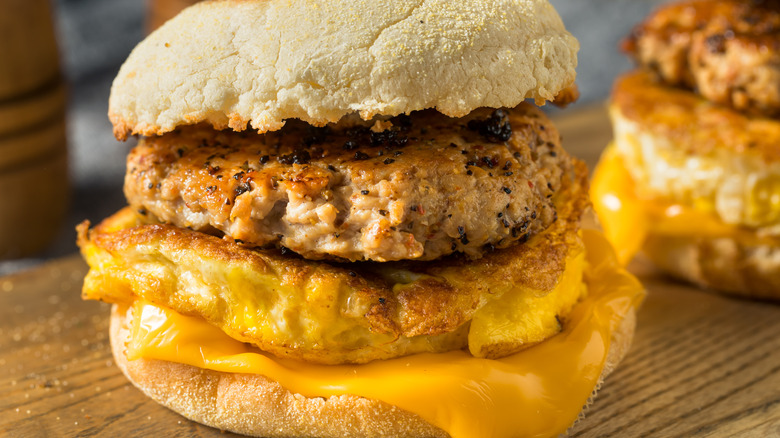 Egg and sausage patty sandwich