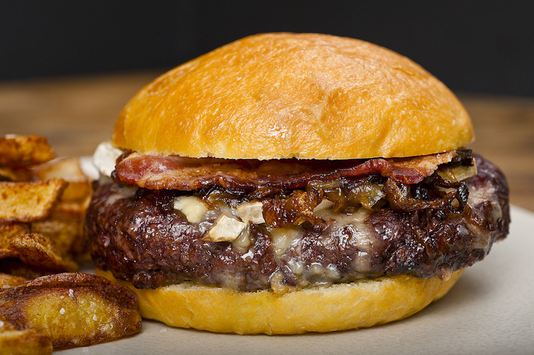 Grilled Bacon Burgers with Caramelized Onions and Blue Cheese