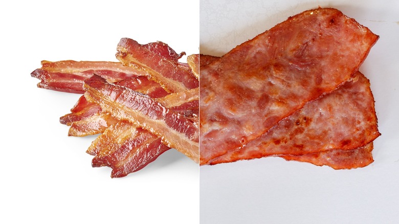 A split image showing cooked pork bacon and cooked turkey bacon