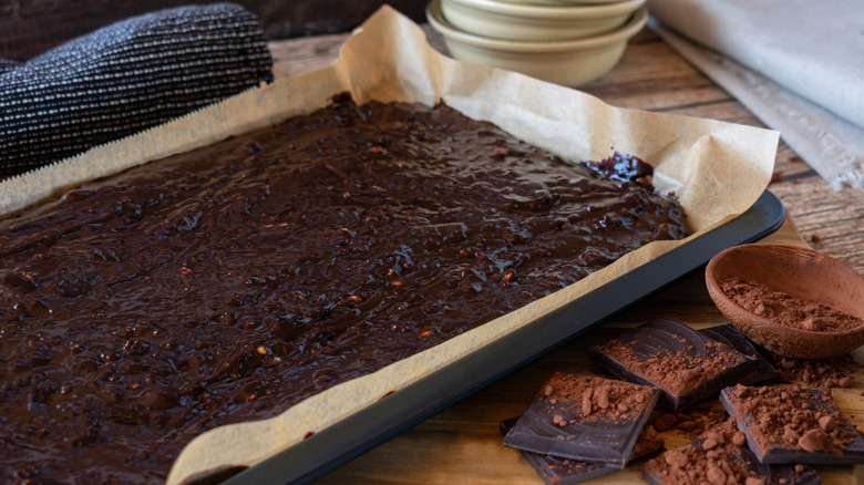 Brownie batter in a sheet pan
